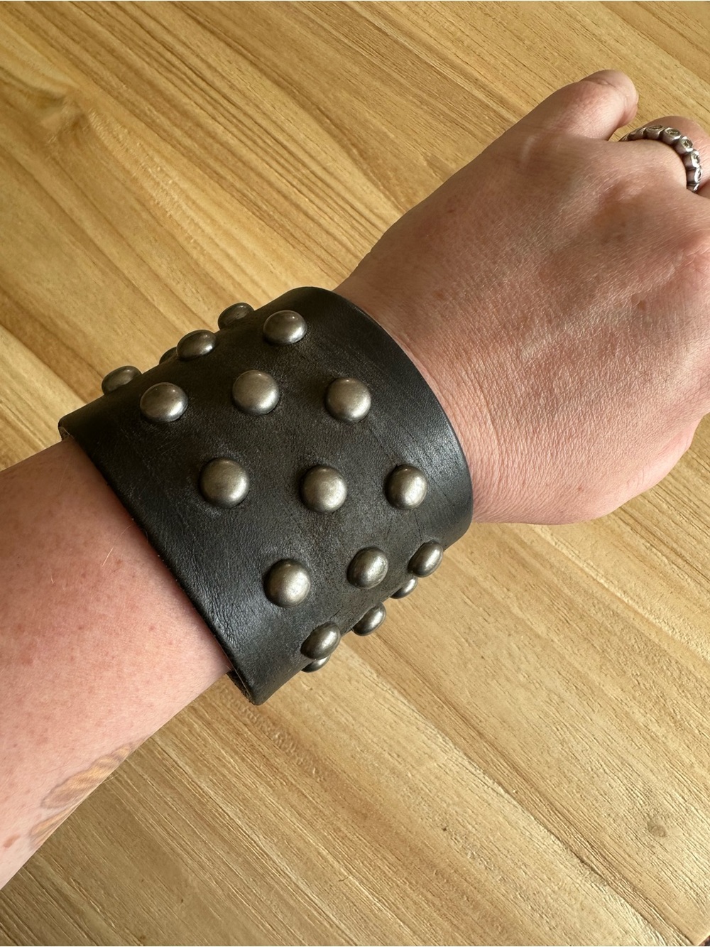 Black Studded Distressed Leather Cuff Bracelet